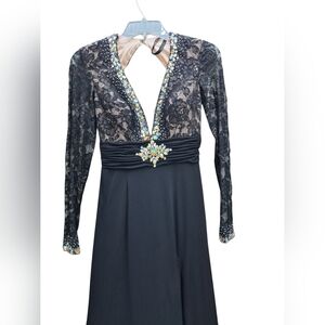 Tony Bowls Black Lace Long Sleeve Evening Gown with Jeweled V-Neck